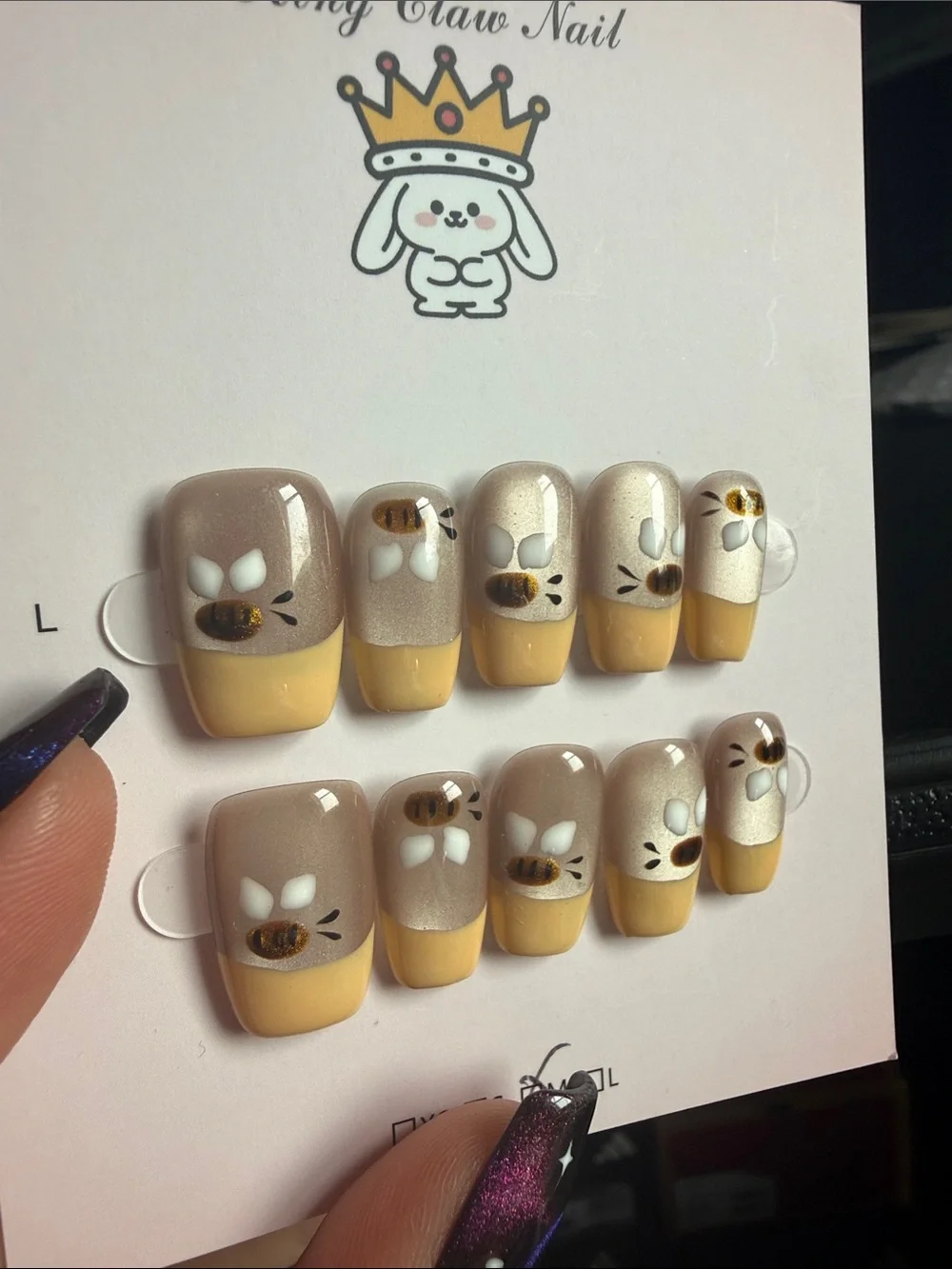 Cute Bee Accent Press-On Nails in Taupe & Yellow